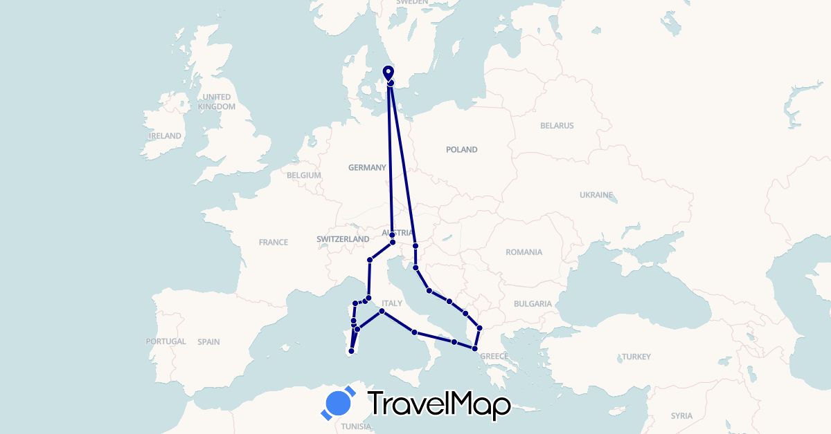 TravelMap itinerary: driving in Albania, Austria, Denmark, France, Greece, Croatia, Italy, Slovenia (Europe)